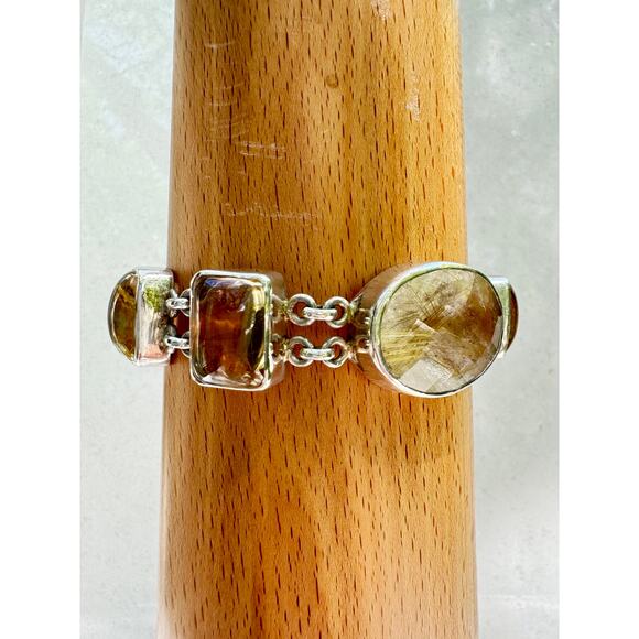 Golden Rutile Quartz Lemon Citrine Chain Link Sterling 925 Silver Bracelet - Picture 7 of 7